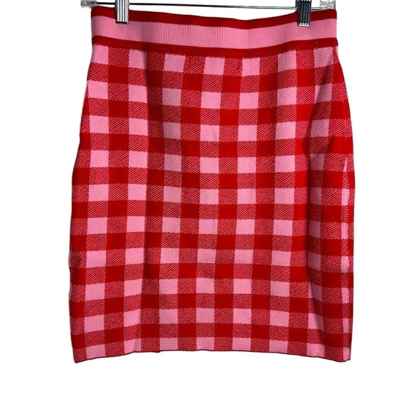ASOS Liquorish Women's Size 6 Check Knit Mini Skirt Red Pink Side Slit Casual - Picture 3 of 9